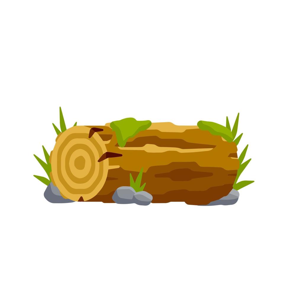 Vector brown log with green moss and stone. Building wood material, natural element. Environment of forest. Set of cartoon illustration