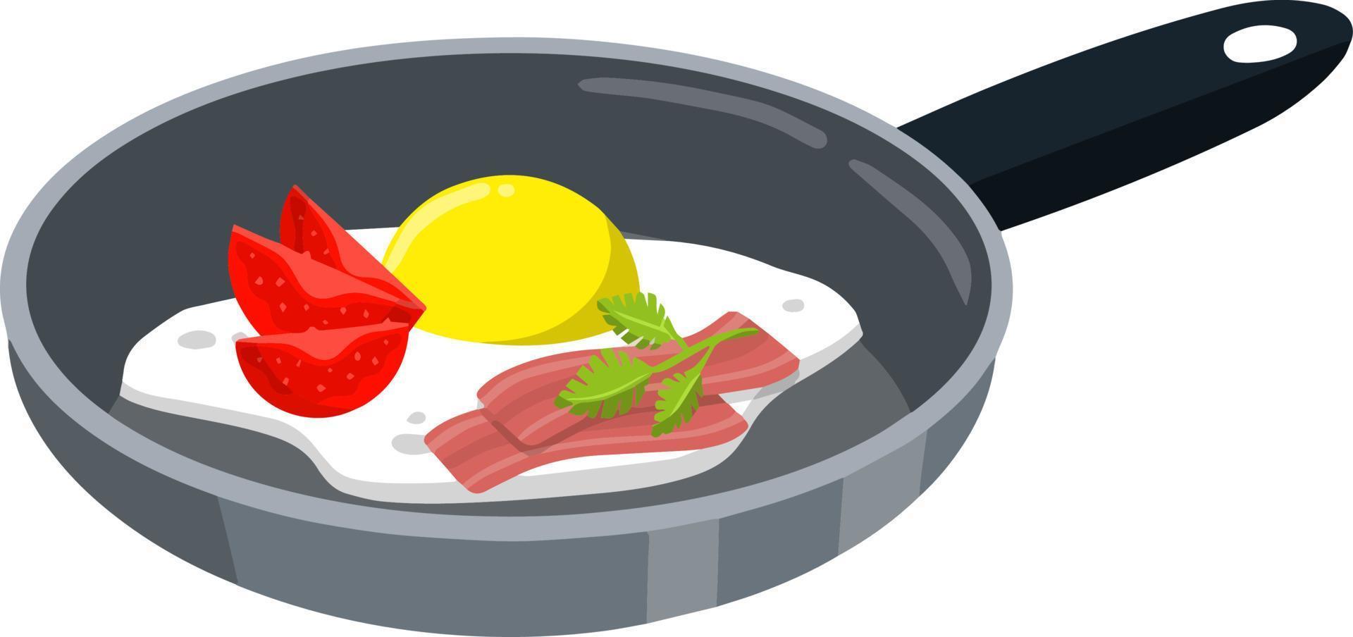 Kitchen frying pan with nutritious Breakfast. Omelet with pieces of fried bacon. High-calorie food vector