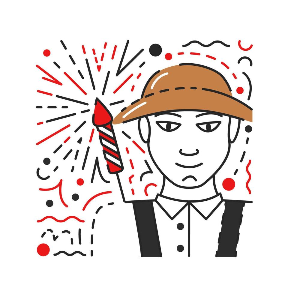 Farmer man icon for holiday. Male agriculturalist in hat with exploding firework behind. Traditional American thanksgiving symbols textured concept design. Hand drawn flat vector illustration isolated