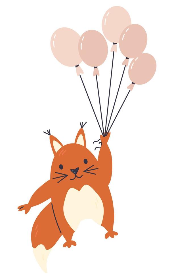 Red squirrel baby animal flying with balloons. Fluffy rodent cartoon character. Nordic childish graphic print design. Funny wild creature. Nursery hand drawn flat vector illustration isolated on white