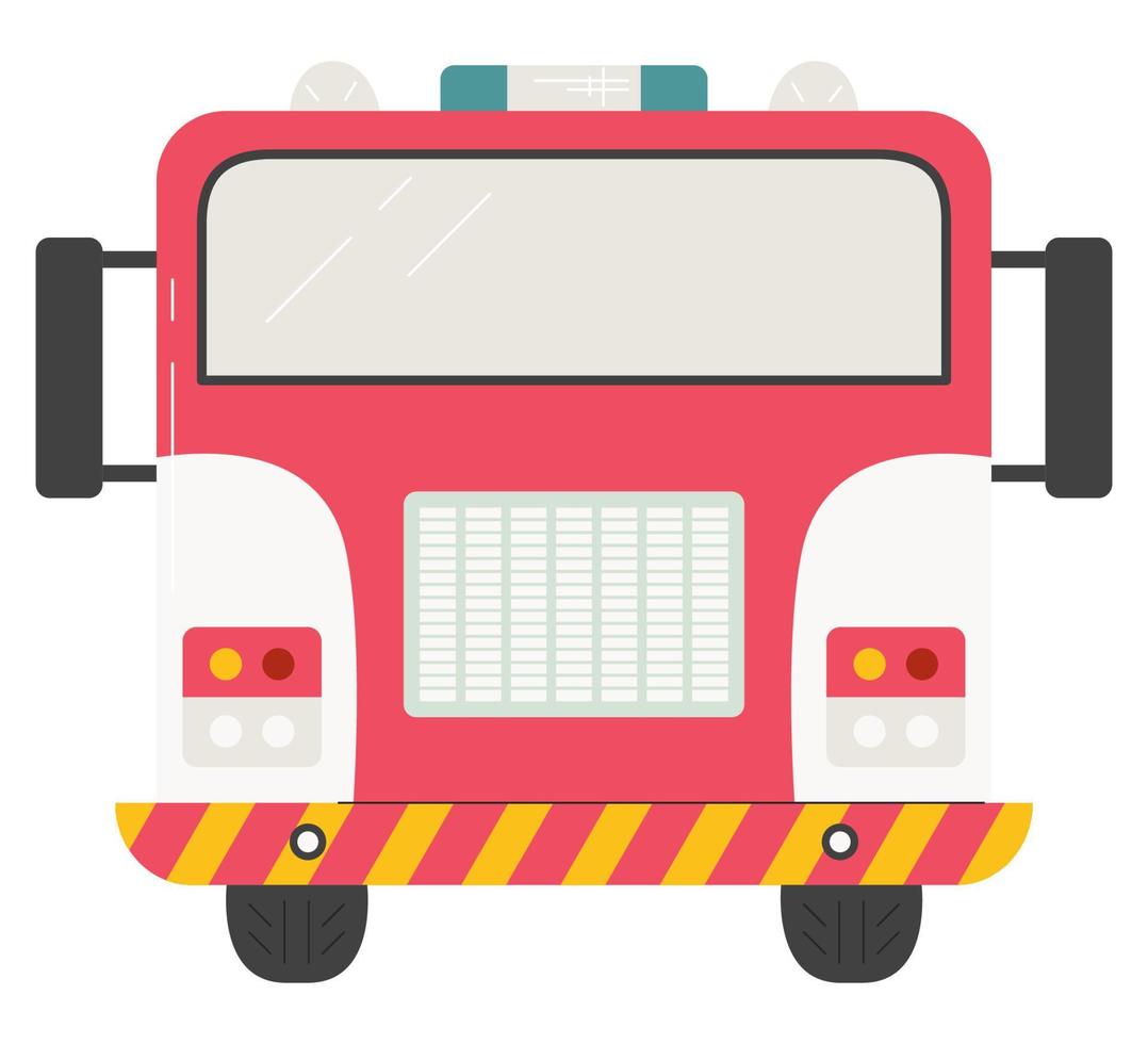 Fire engine truck front view concept design. Emergency service municipal transport. Red rescue vehicle with siren alarm and water hydrant. Urgent assistance. Flat vector illustration isolated on white