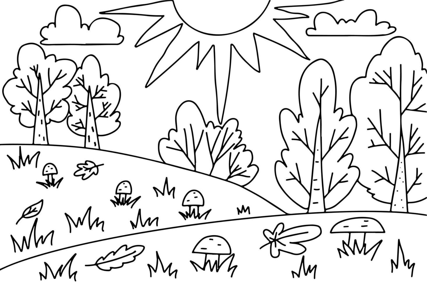 Coloring page for kids Landscape - Coloring Page For Kids Landscape With Sun Trees Bushes Mushrooms Hand Drawn Illustration In Doodle Style Activity Sheet Vector 