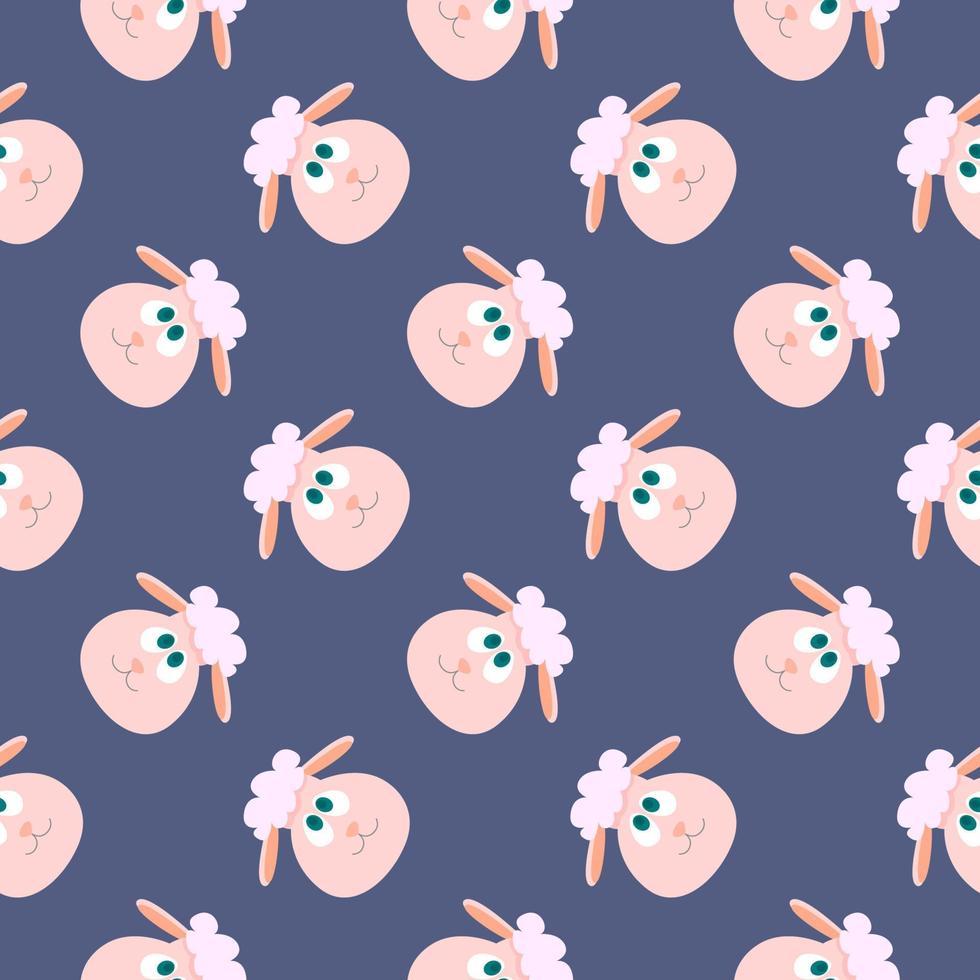 Baby sheep head,seamless pattern on dark blue background. vector