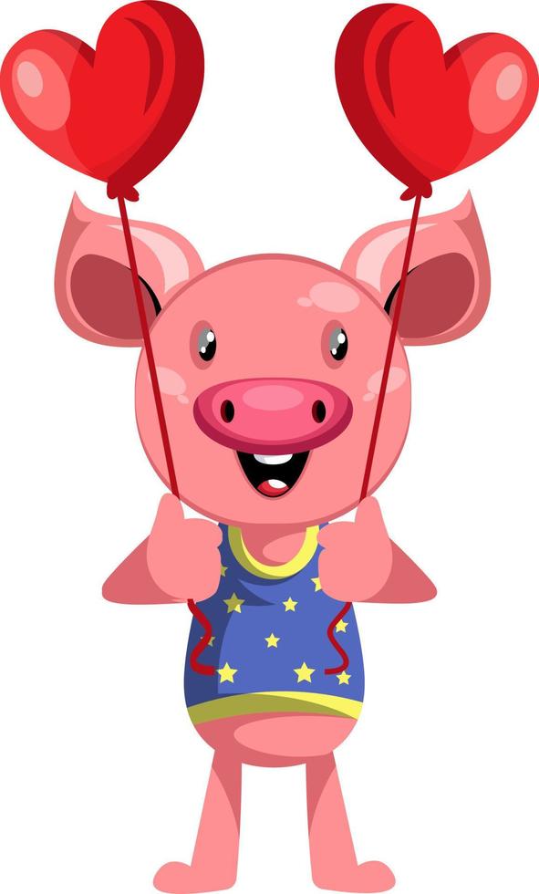 Pig with love balloons, illustration, vector on white background.
