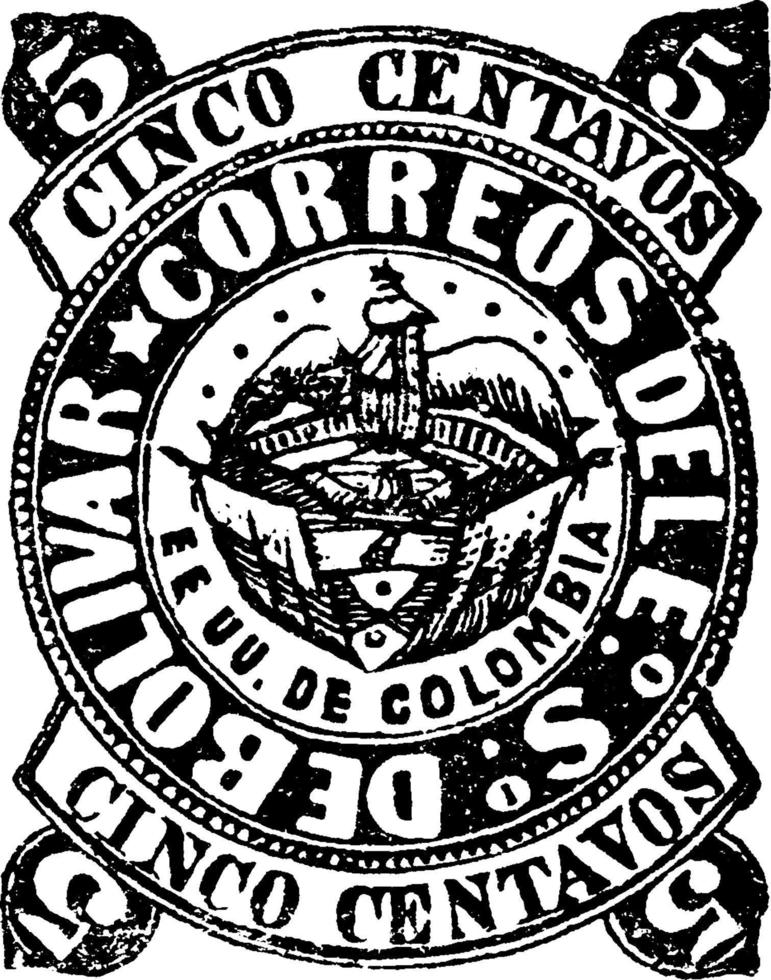 Bolivar, Colombian Republic Cinco Centavos Stamp, 1877-1878, vintage illustration vector