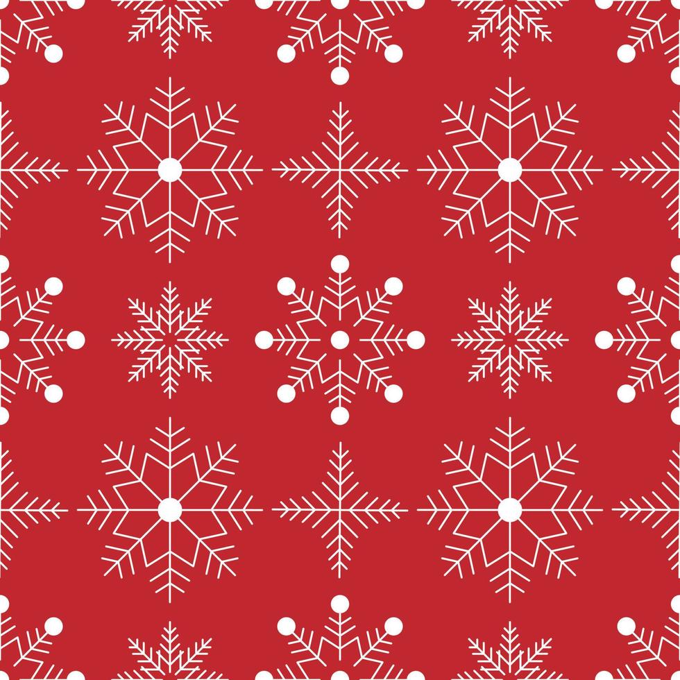 Seamless pattern of snowflakes on isolated red background. Vector for season celebration of New Year, Christmas, Winter holidays. Snowfall background for greeting cards, scrapbooking, wallpaper.