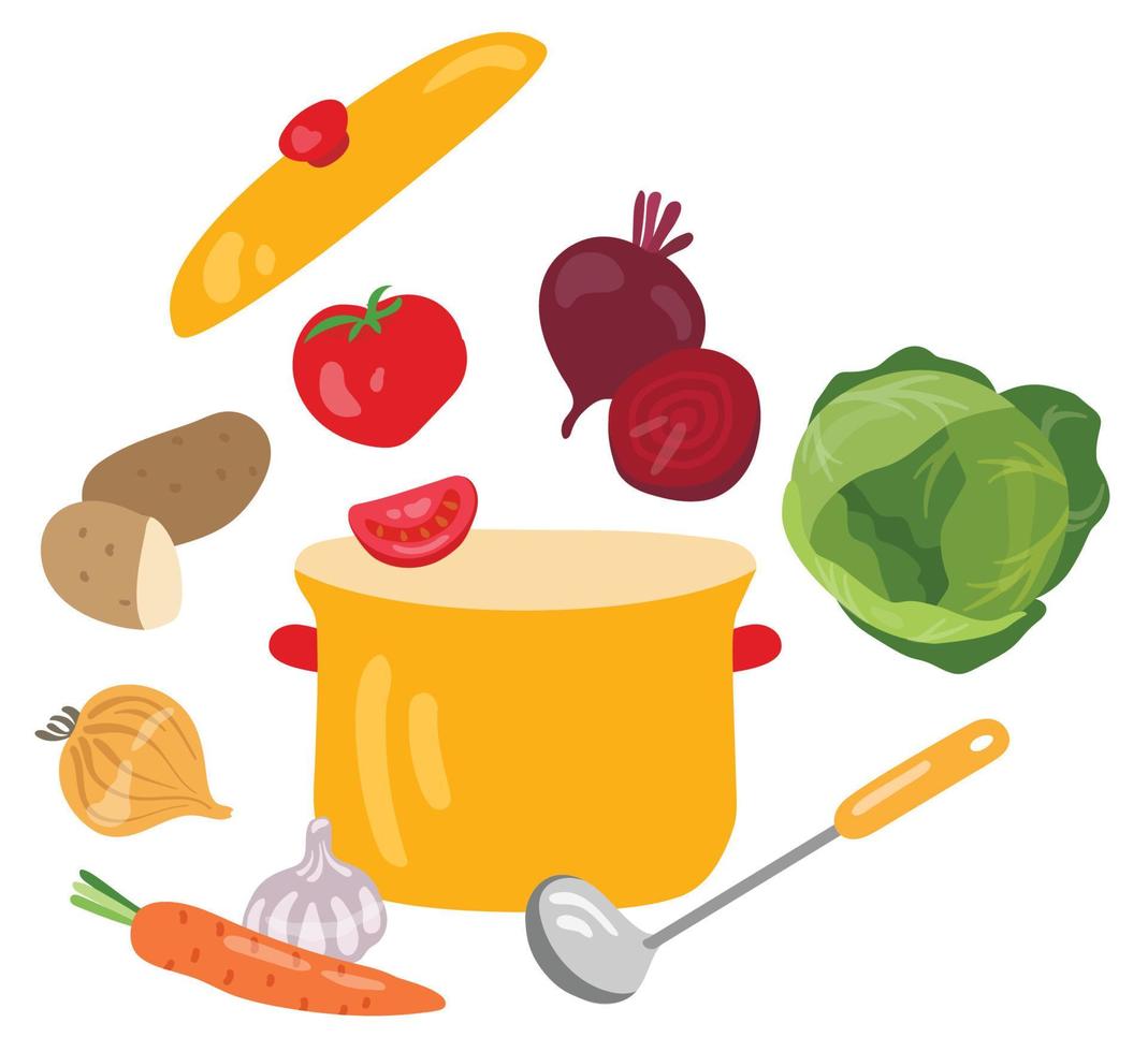 ingredientes de la sopa de remolacha. remolacha, patata, tomate, cebolla, zanahoria, ajo, col. ilustración vectorial dibujada a mano. adecuado para sitios web, pegatinas, tarjetas de regalo. vector