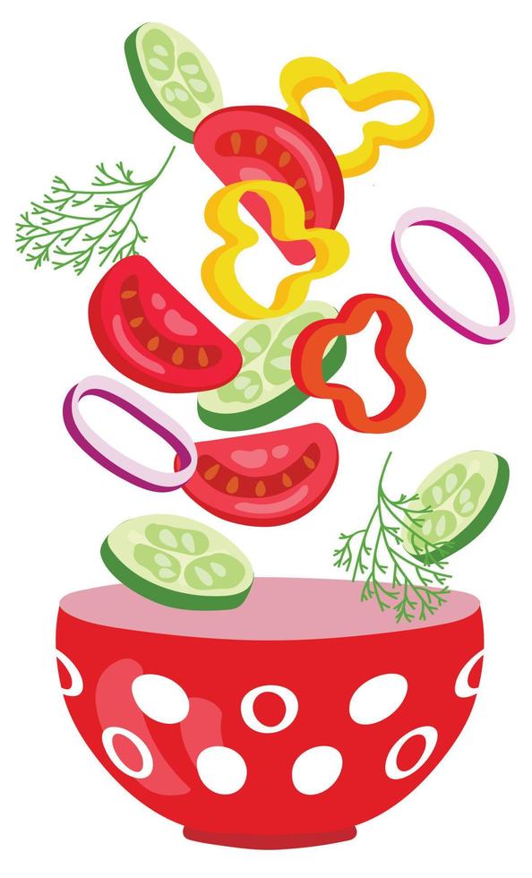 Vegetable salad ingredients. Cucumber, tomato, bell pepper, onion, dill. Hand drawn vector illustration. Suitable for website, stickers, gift cards.