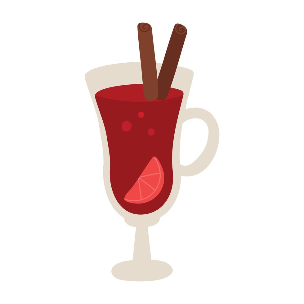 Vector hand drawn illustration of a glass with mulled wine, badian,  cinnamon and a slice of orange. Ingredients for mulled wine. Design greeting cards, posters, gift wrapping.