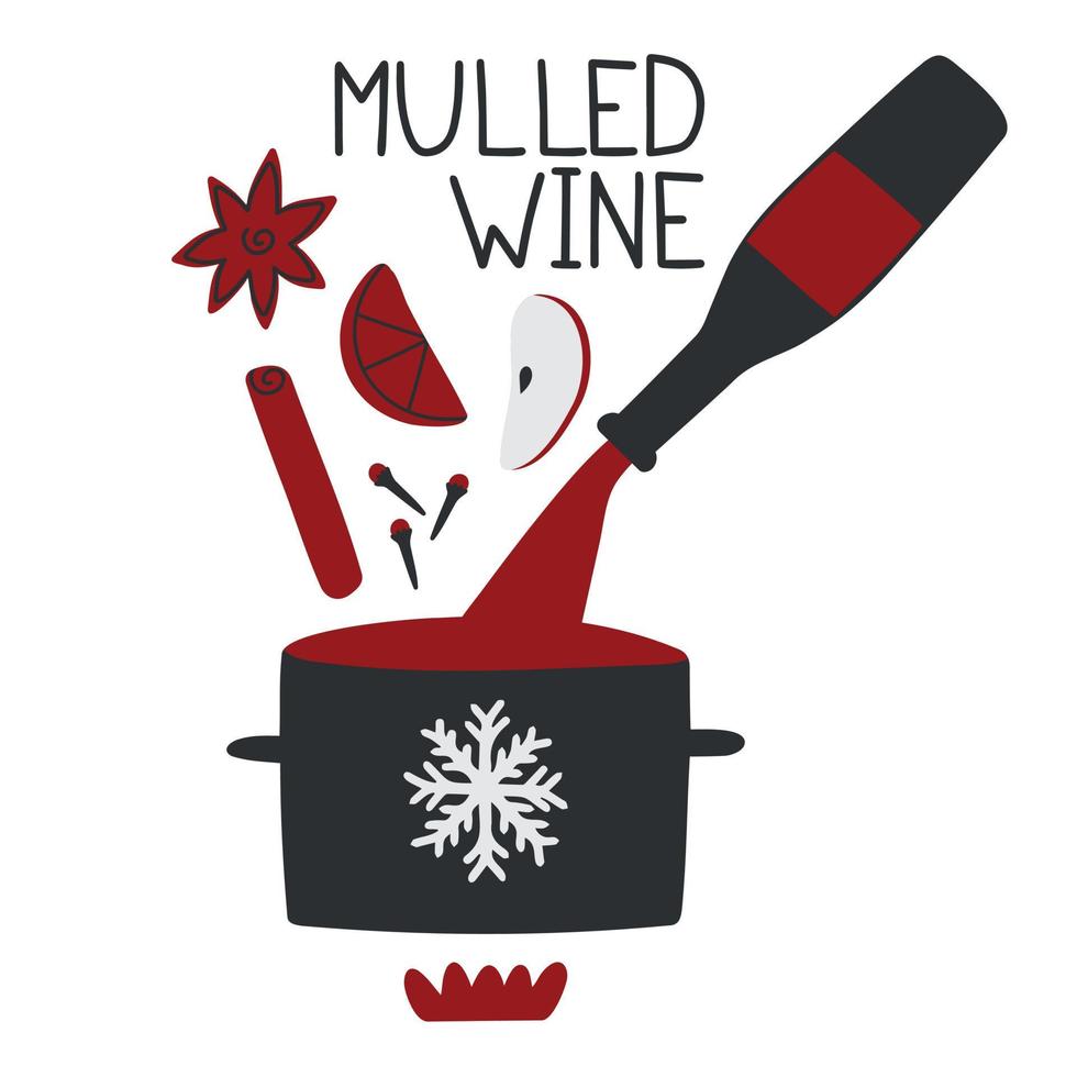 cómo hacer el concepto de vino caliente. Receta de bebida caliente de temporada de invierno. ilustración vectorial en estilo plano. objetos aislados. plantilla de menú de navidad y año nuevo vector