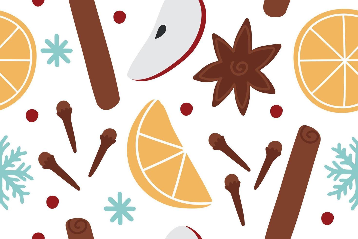 Christmas winter spice. Decorative vector seamless pattern with spices and ingredients for mulled wine. Orange, cranberry, cinnamon, star anise, clove on white background.