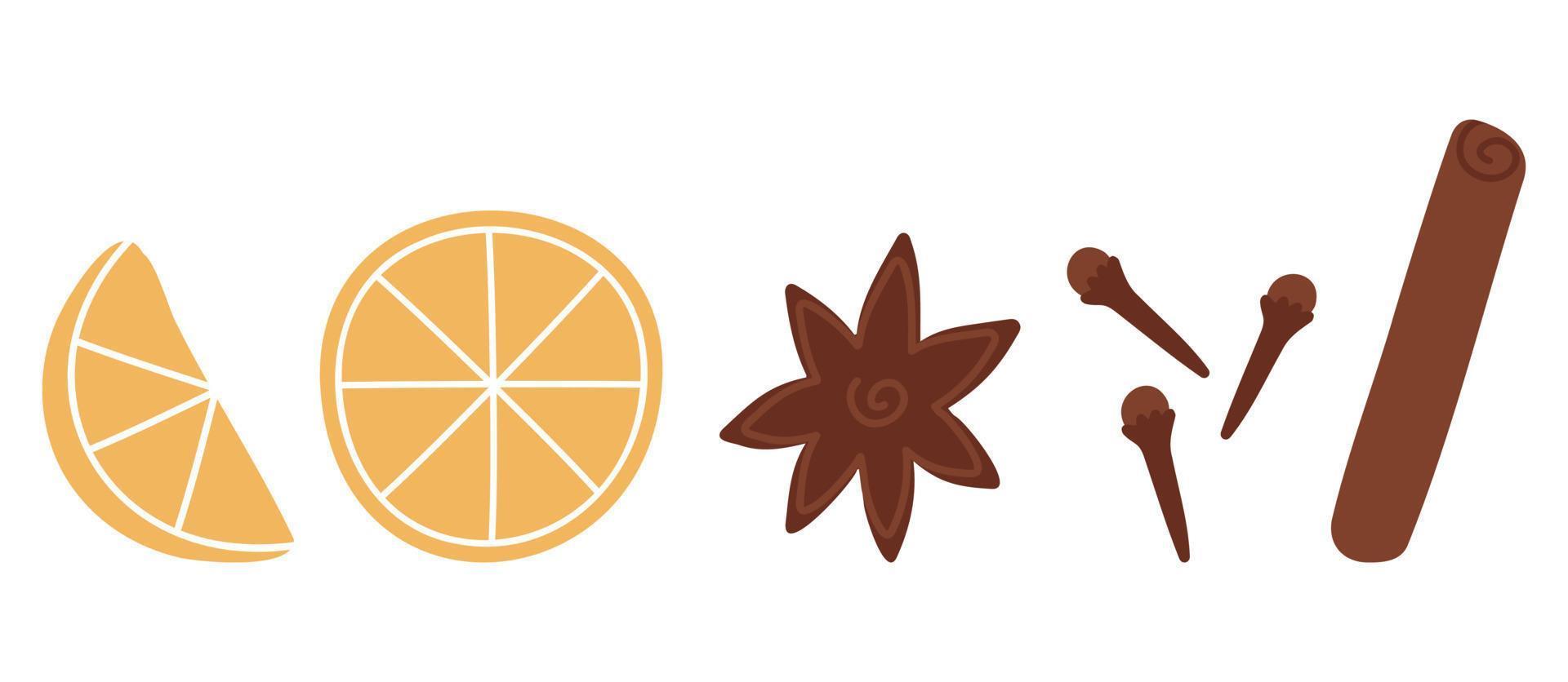 Cartoon mulled wine ingredients cinnamon stick, orange, anise star for autumn and Christmas decoration. vector