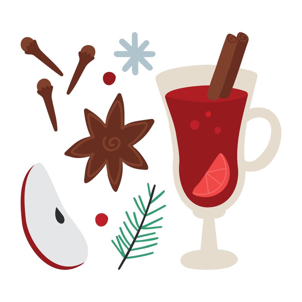 Vector hand drawn illustration of a glass with mulled wine, clove,  badian,  cinnamon and a slice of apple. Ingredients for mulled wine. Design greeting cards, posters, gift wrapping.