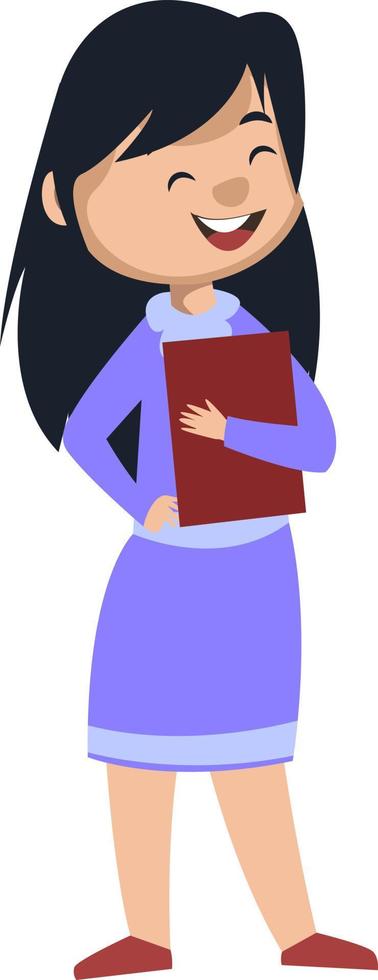 Happy girl with notebook, illustration, vector on white background.