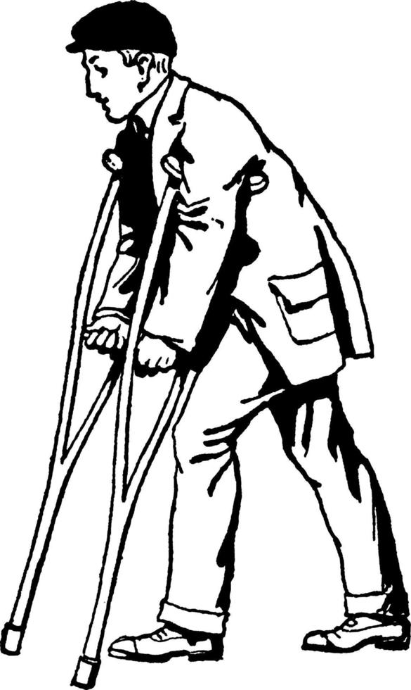hombre con muletas, ilustración vintage. vector