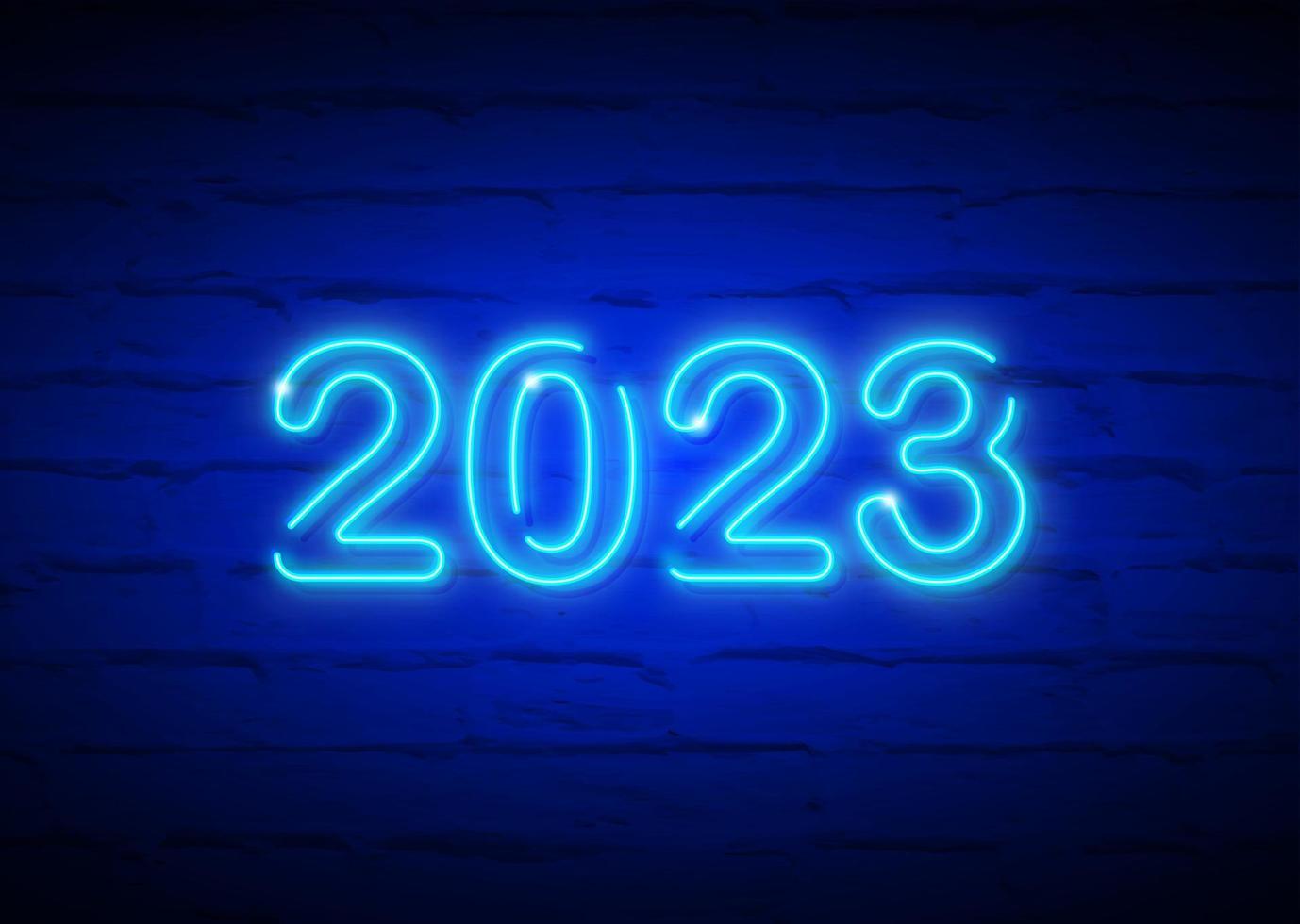 2023 New Year glowing blue neon signboard on brick wall. Vector illustration Happy New Year neon realistic sign banner, season fashion design