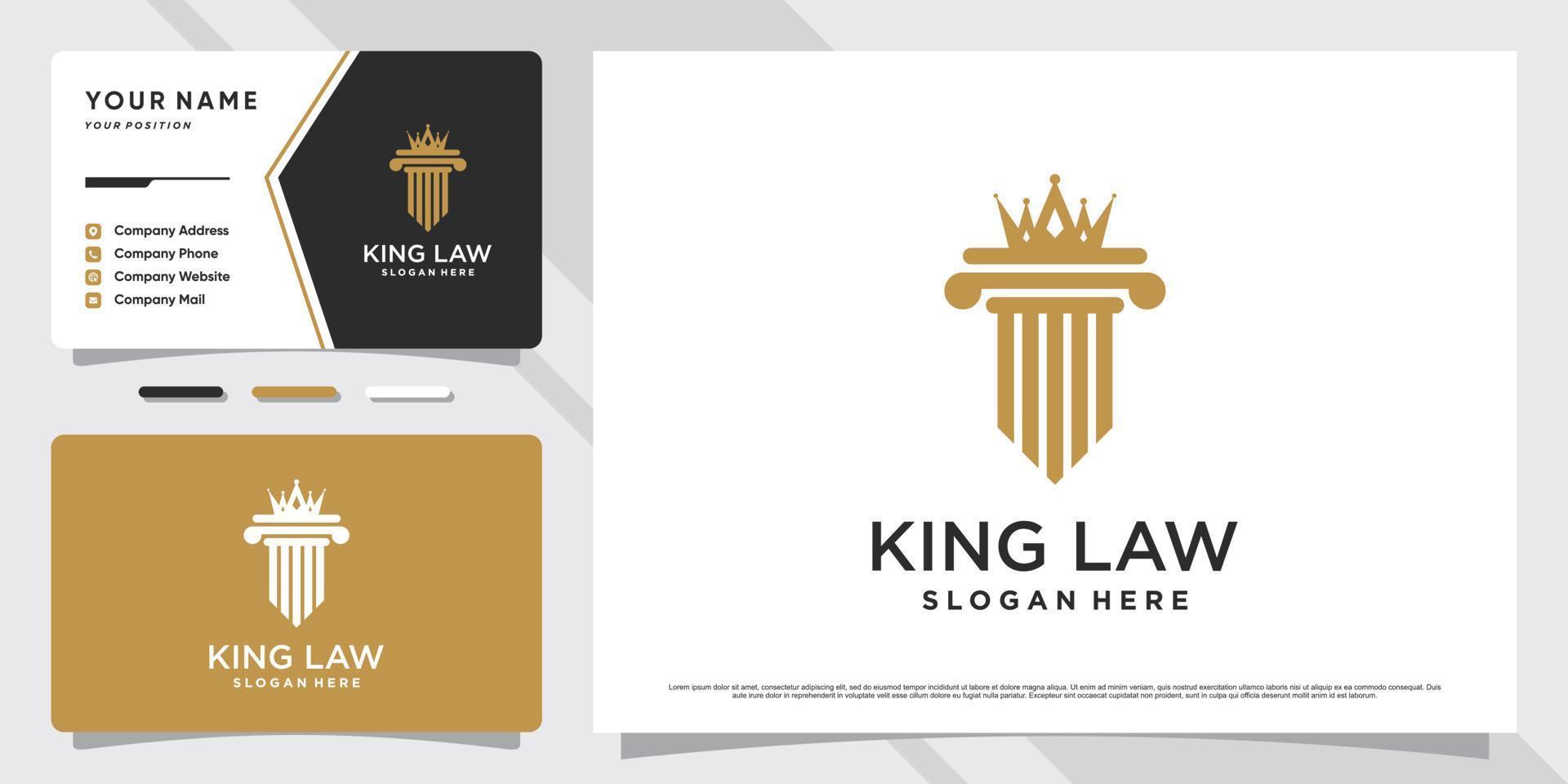 diseño del logotipo del rey de la ley de justicia con concepto creativo y plantilla de tarjeta de visita vector