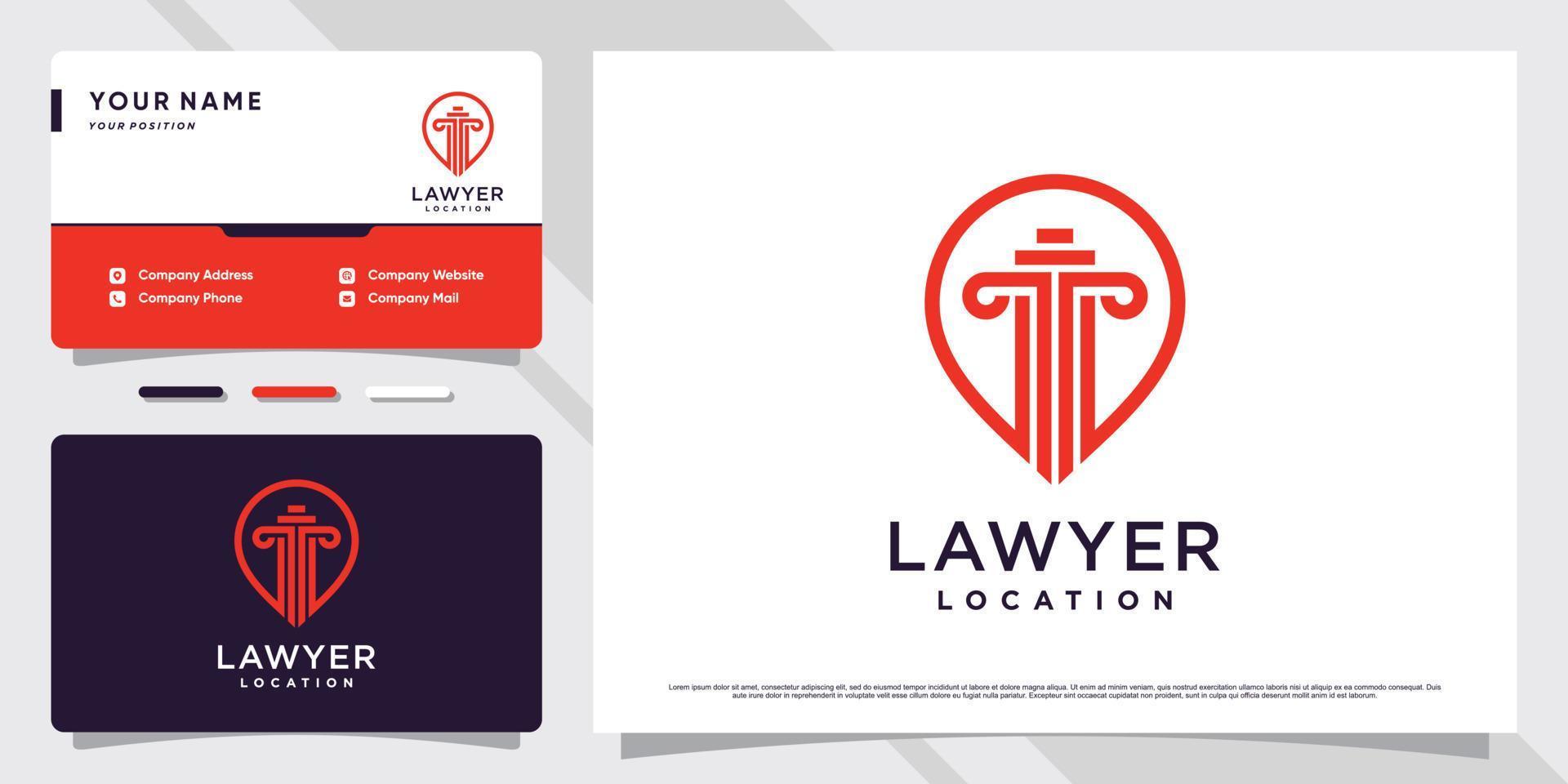 diseño de logotipo de ubicación de abogado con concepto de pin y plantilla de tarjeta de visita vector