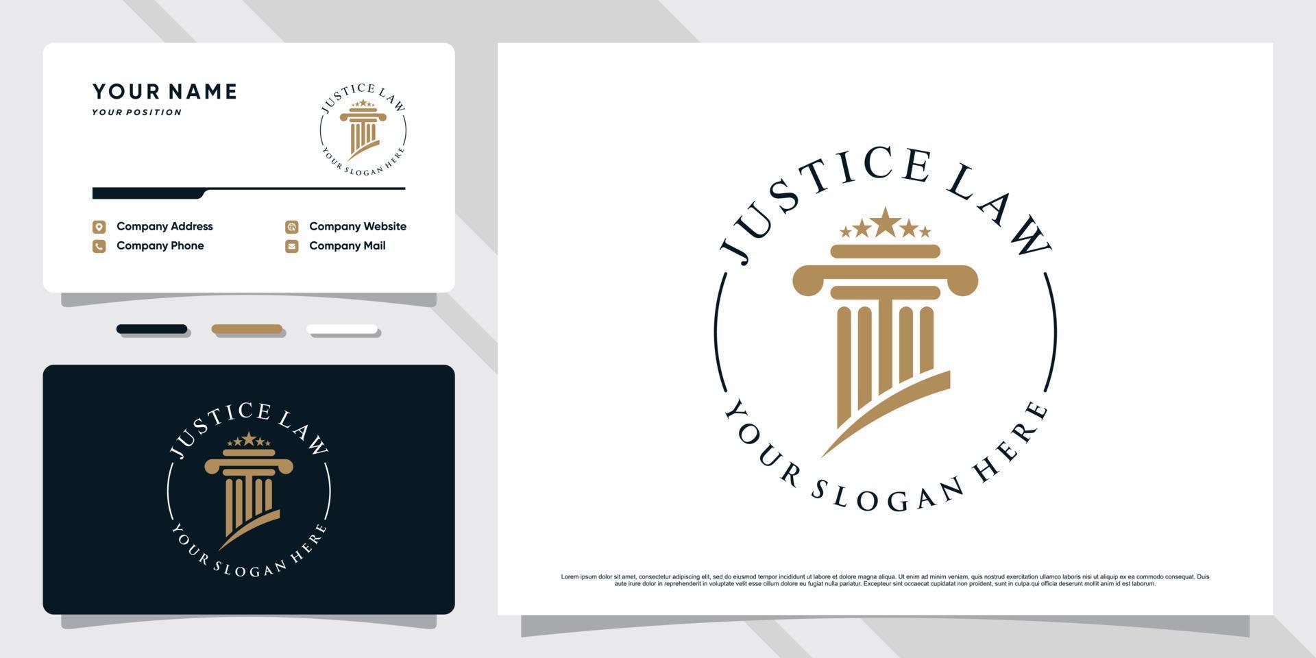 Symbol of justice law logo design for lawyer with emblem concept and business card template vector