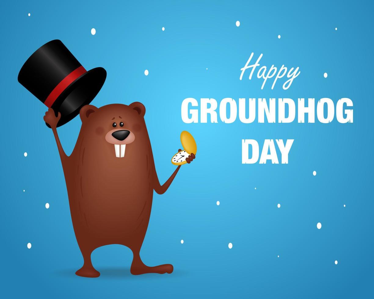 Happy Groundhog Day vector design for celebration on February 2. Template for greeting card or invitation. Funny cartoon illustration.