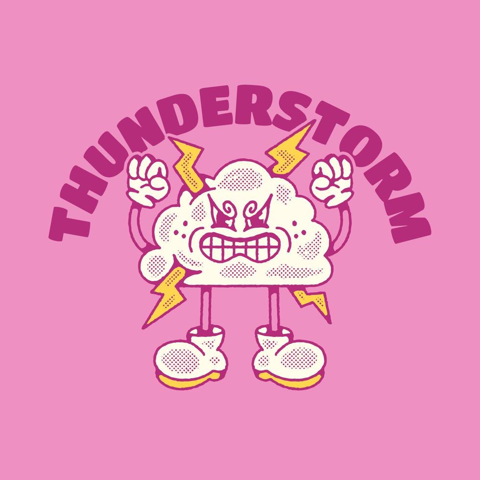 Retro Mascot Vintage Angry Thunderstorm Cloud Character Illustration vector