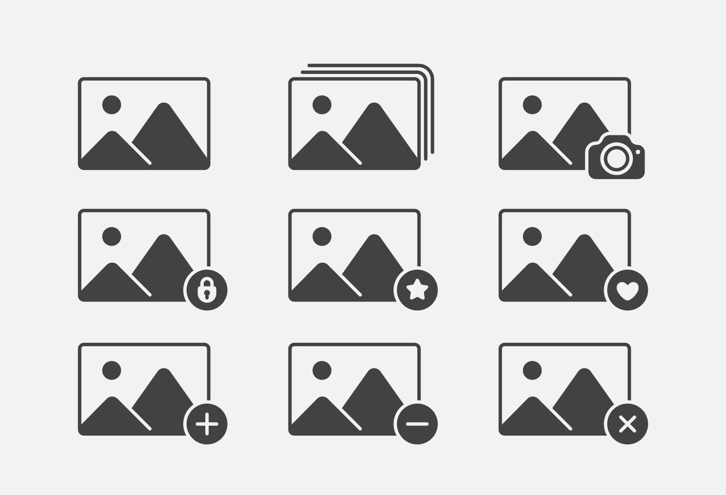 Set of image gallery icons. Vector collection digital photo album design. Picture edit, delete, add, favorite icon.