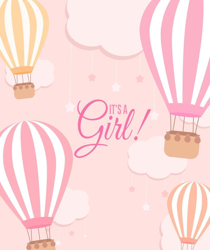 It's a girl baby shower card with a hot air balloons and clouds with a stars on the pink background vector