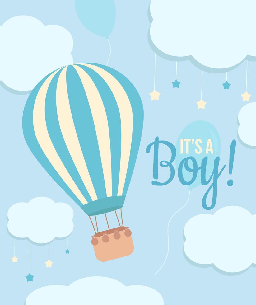 It's a boy baby shower card with a hot air balloon and clouds with a stars on the pastel blue background vector