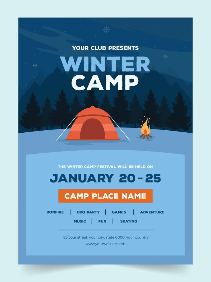 cartel vertical de camping de invierno ilustrado plano moderno. publicaciones en las redes sociales del campamento de invierno. plantilla de folleto o folleto de camping de invierno plano vector