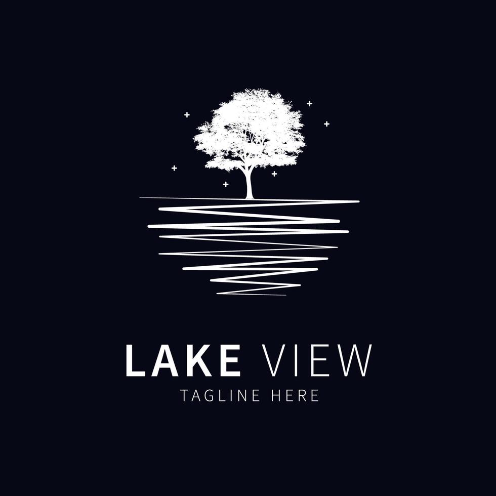 logotipo de vista al lago. ilustración de un lago con una vista nocturna de árboles y estrellas vector