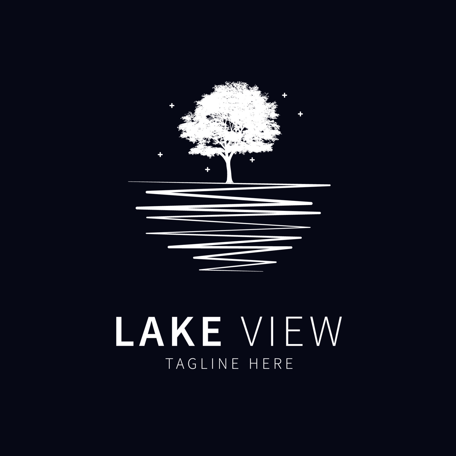 lakeview logo. illustration of a lake with a night view of trees and