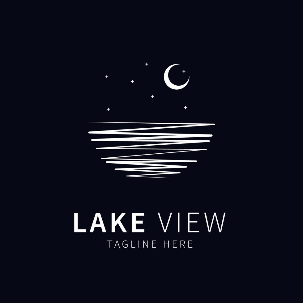 logotipo de vista al lago. ilustración de un lago con vistas a la luna y las estrellas vector