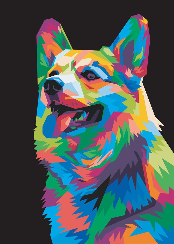 colorful Welsh Corgi dog head with cool isolated pop art style background. vector