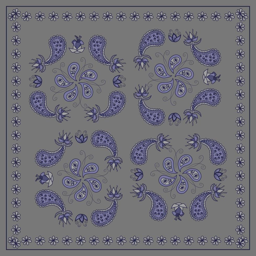 Seamless pattern based on an ornament with a Paisley bandana print in gray blue, scarf around the neck, print on fabric, wallpaper vector