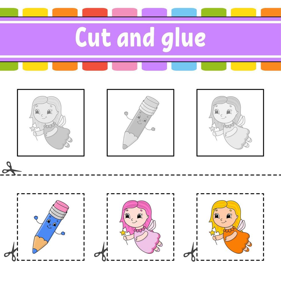 Cut and glue. Game for kids. Education developing worksheet. Color activity page. cartoon character. vector