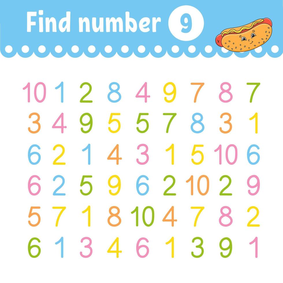 Find number. Education developing worksheet. Activity page with pictures. Game for children. Funny character. cartoon style. Vector illustration.