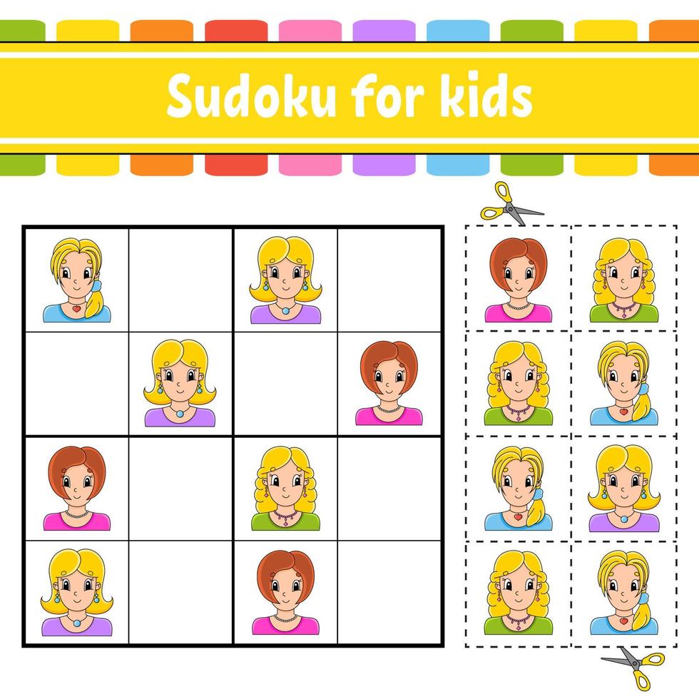 sudoku para niños. hoja de trabajo de desarrollo educativo. página de actividades con imágenes. juego de rompecabezas para niños. entrenamiento del pensamiento lógico. personaje divertido ilustración vectorial vector