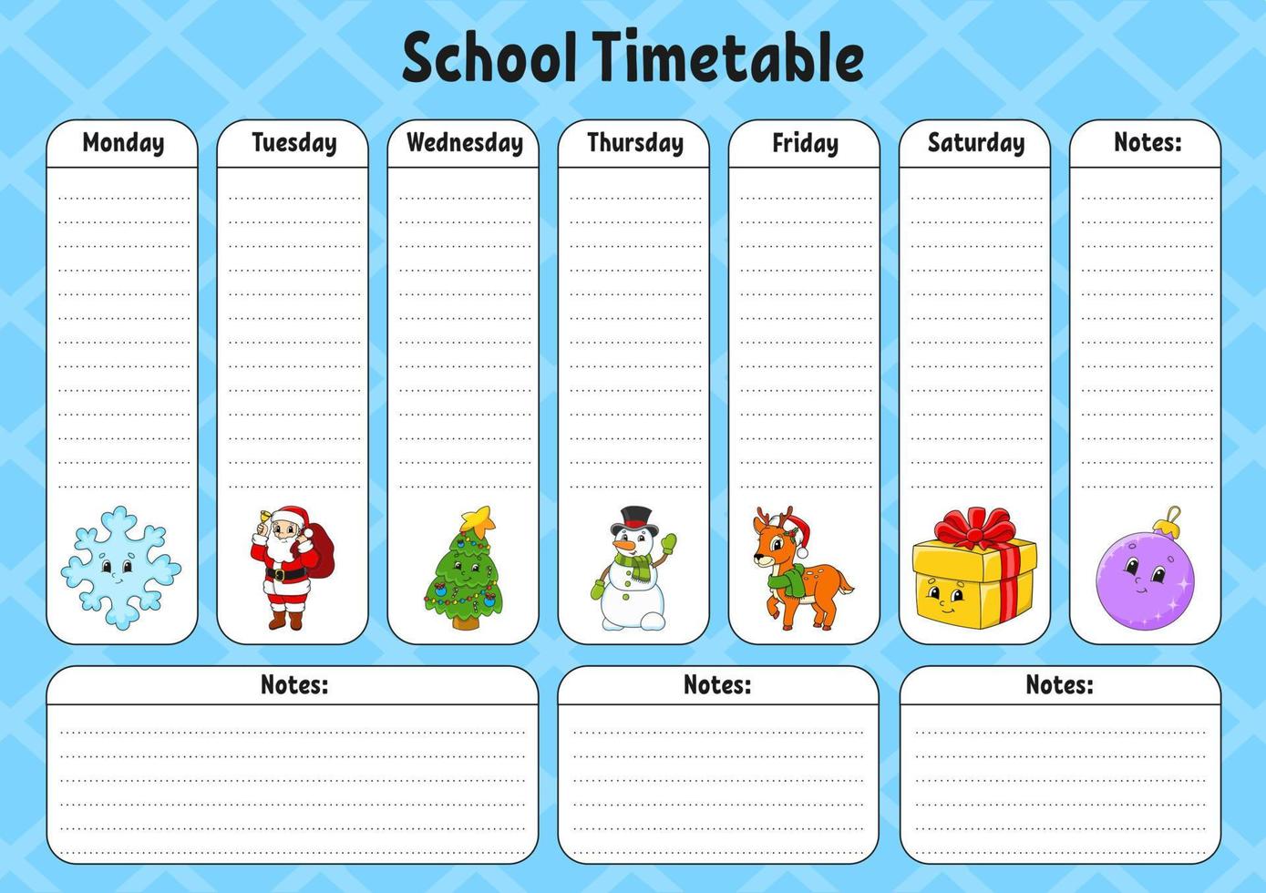 School schedule. Timetable for schoolboys. Empty template. Weekly planer with notes. cartoon character. Vector illustration.