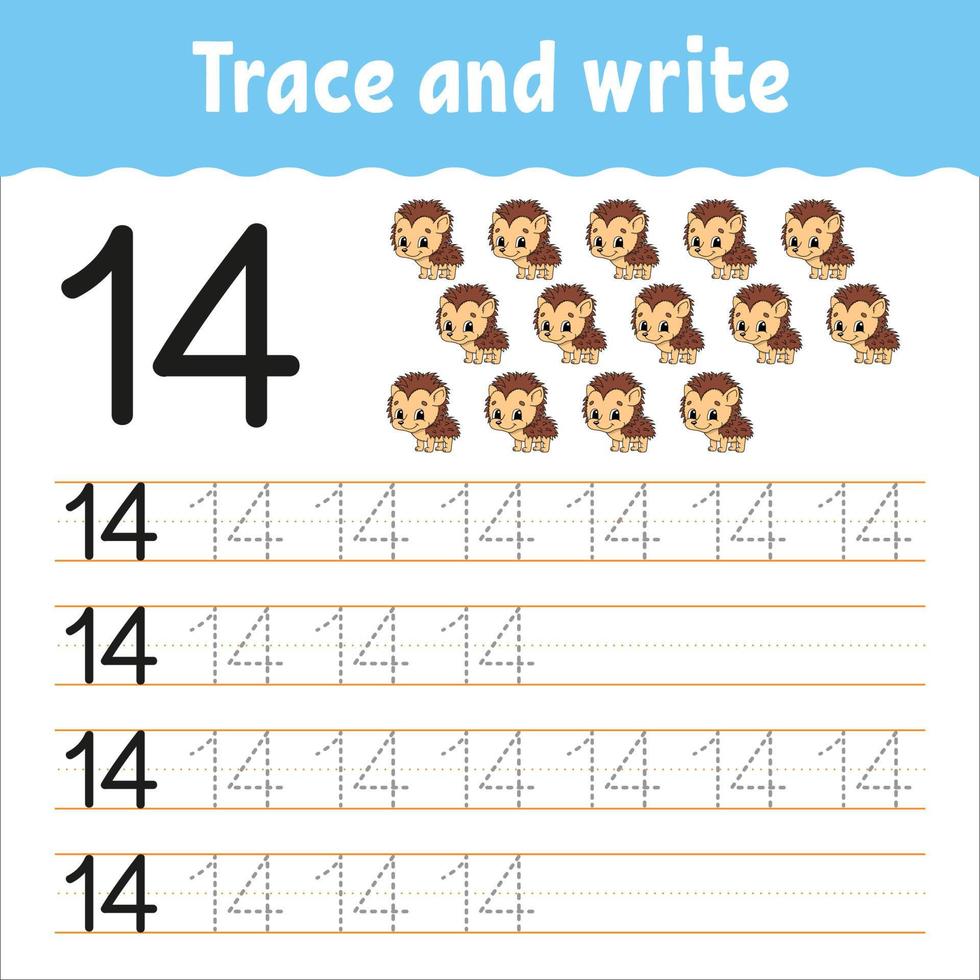 Learn Numbers. Trace and write. Handwriting practice. Learning numbers for kids. Education developing worksheet. Color activity page. Vector illustration.