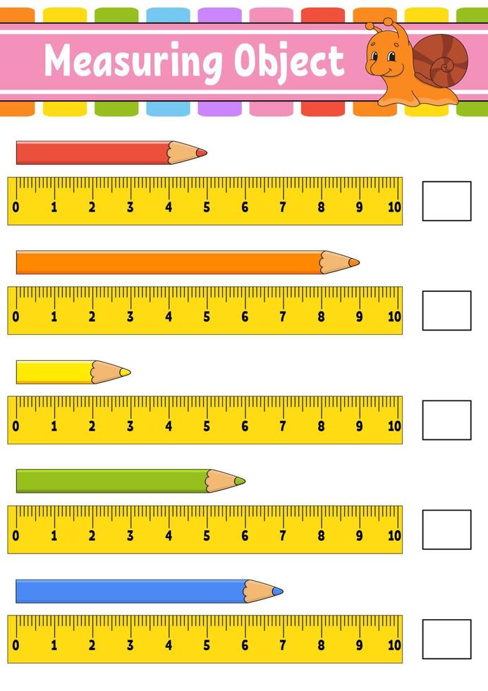 Measuring object with ruler. Education developing worksheet. Game for kids. Color activity page. Puzzle for children. Cute character. Vector illustration. cartoon style.