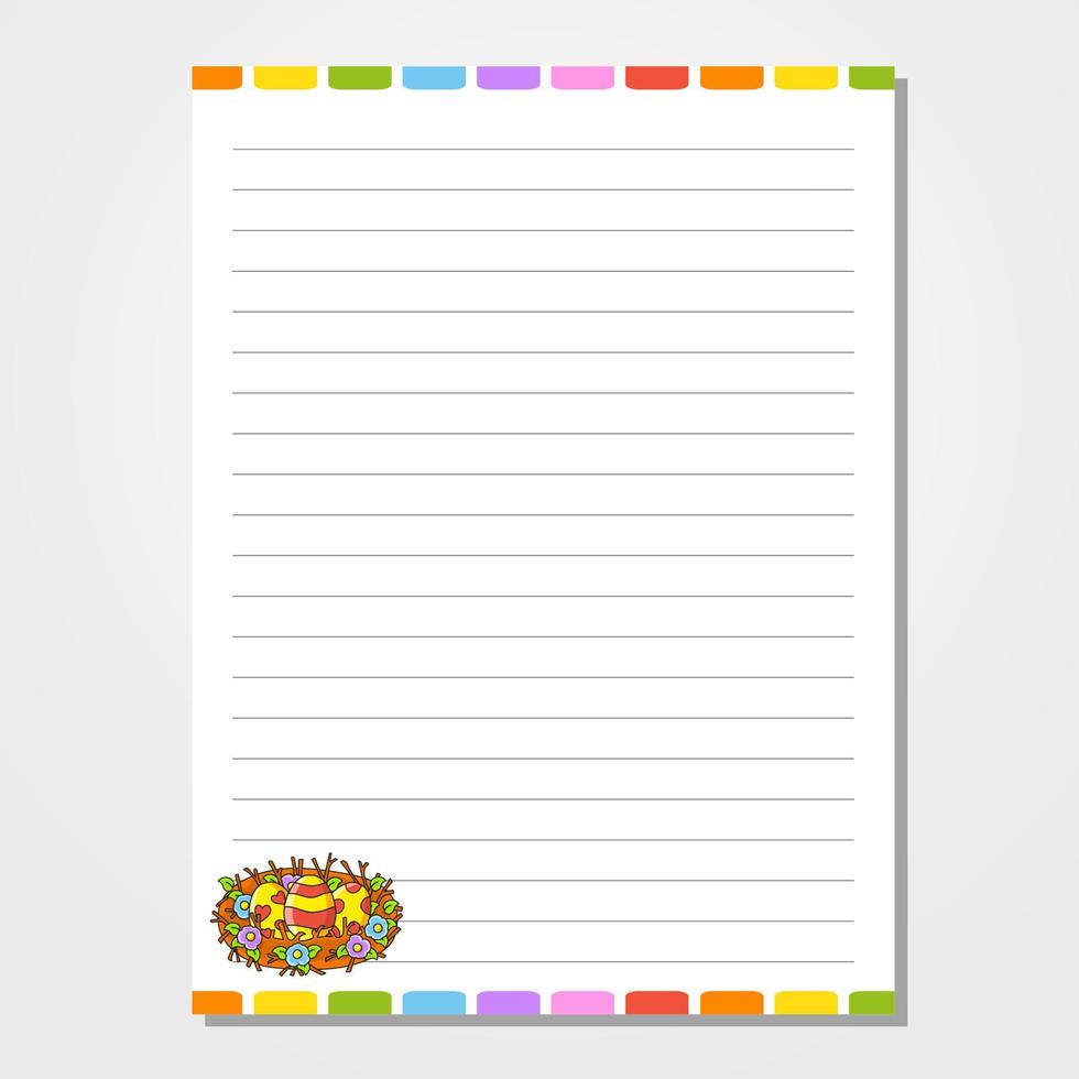 Sheet template for notebook, notepad, diary. Lined paper. Cute character. Easter theme. Isolated vector illustration. cartoon style.