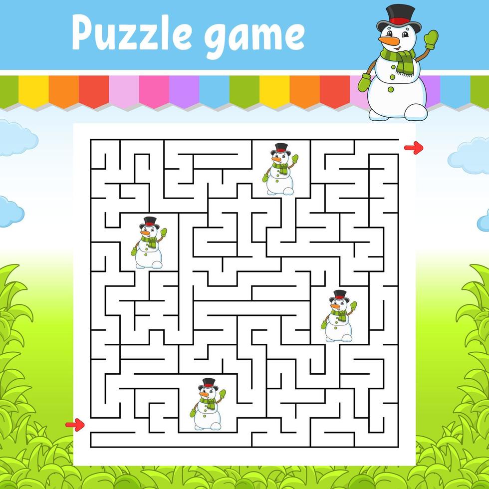 Square maze. Game for kids. Puzzle for children. Labyrinth conundrum. Find the right path. Cartoon character. Vector illustration.