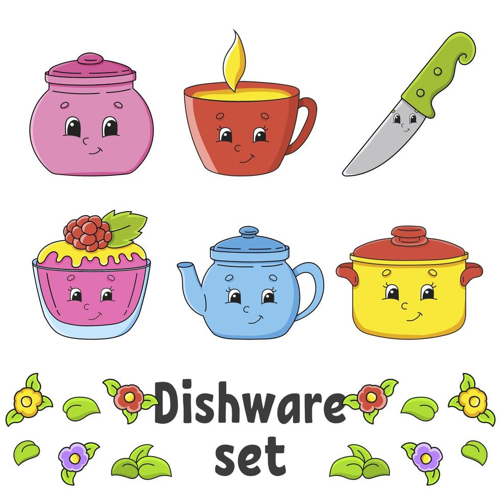 Set of stickers with cute cartoon characters. Hand drawn. Colorful pack. Vector illustration. Dishware theme. Patch badges collection for kids. For daily planner, organizer, diary.