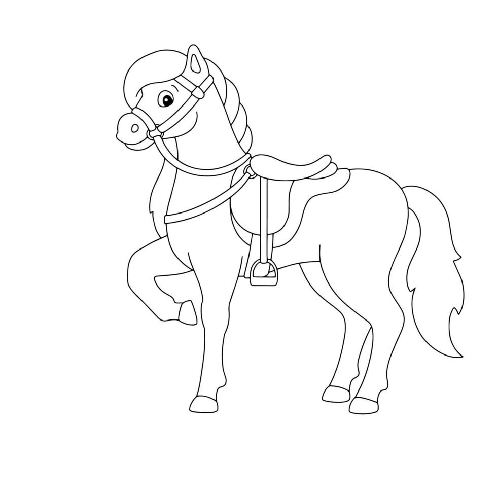 lindo caballo animal de granja. página para colorear para niños. sello digital. personaje de estilo de dibujos animados. ilustración vectorial aislado sobre fondo blanco. vector
