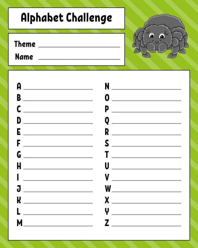 Alphabet challenge. Educational activity worksheet for kids and toddlers. Game for children. Vector illustration.