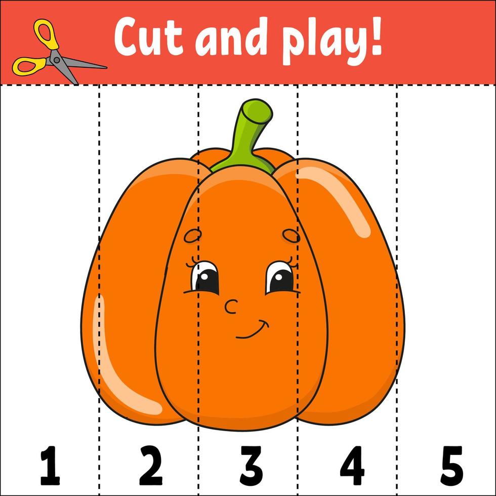 Learning numbers 1-5. Cut and play. Education worksheet. Game for kids. Color activity page. Puzzle for children. Riddle for preschool. Cartoon style. Vector illustration.