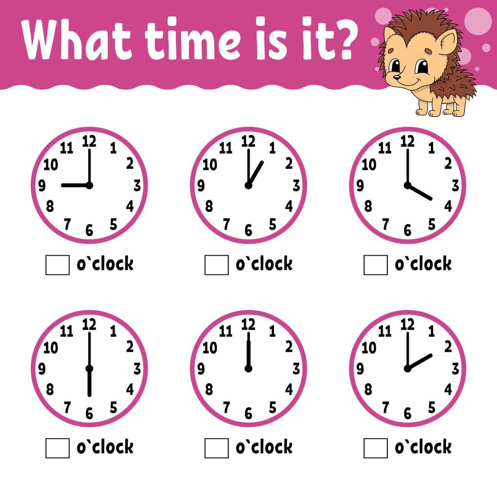 Learning time on the clock. Educational activity worksheet for kids and toddlers. Game for children. Simple flat isolated color vector illustration in cute cartoon style. Vector illustration.