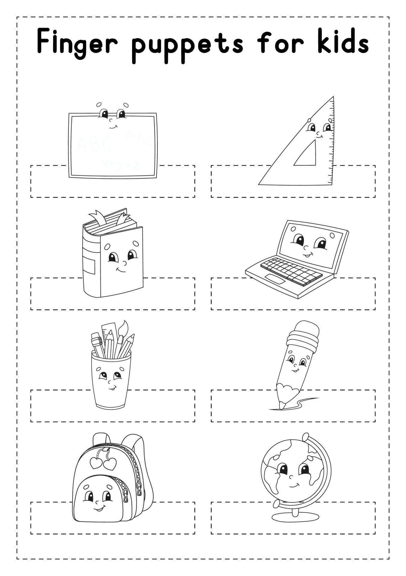 Finger puppets. Coloring page for kids. Back to school theme. Vector