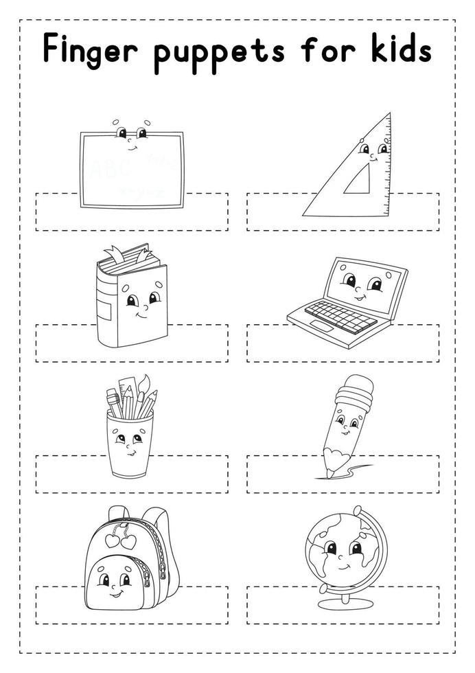 Finger puppets. Coloring page for kids. Back to school theme. Vector illustration.