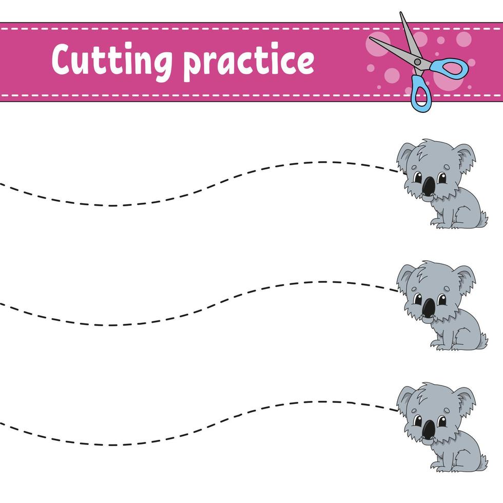 Cutting practice for kids. Education developing worksheet. Activity page. Color game for children. Isolated vector illustration. cartoon character.
